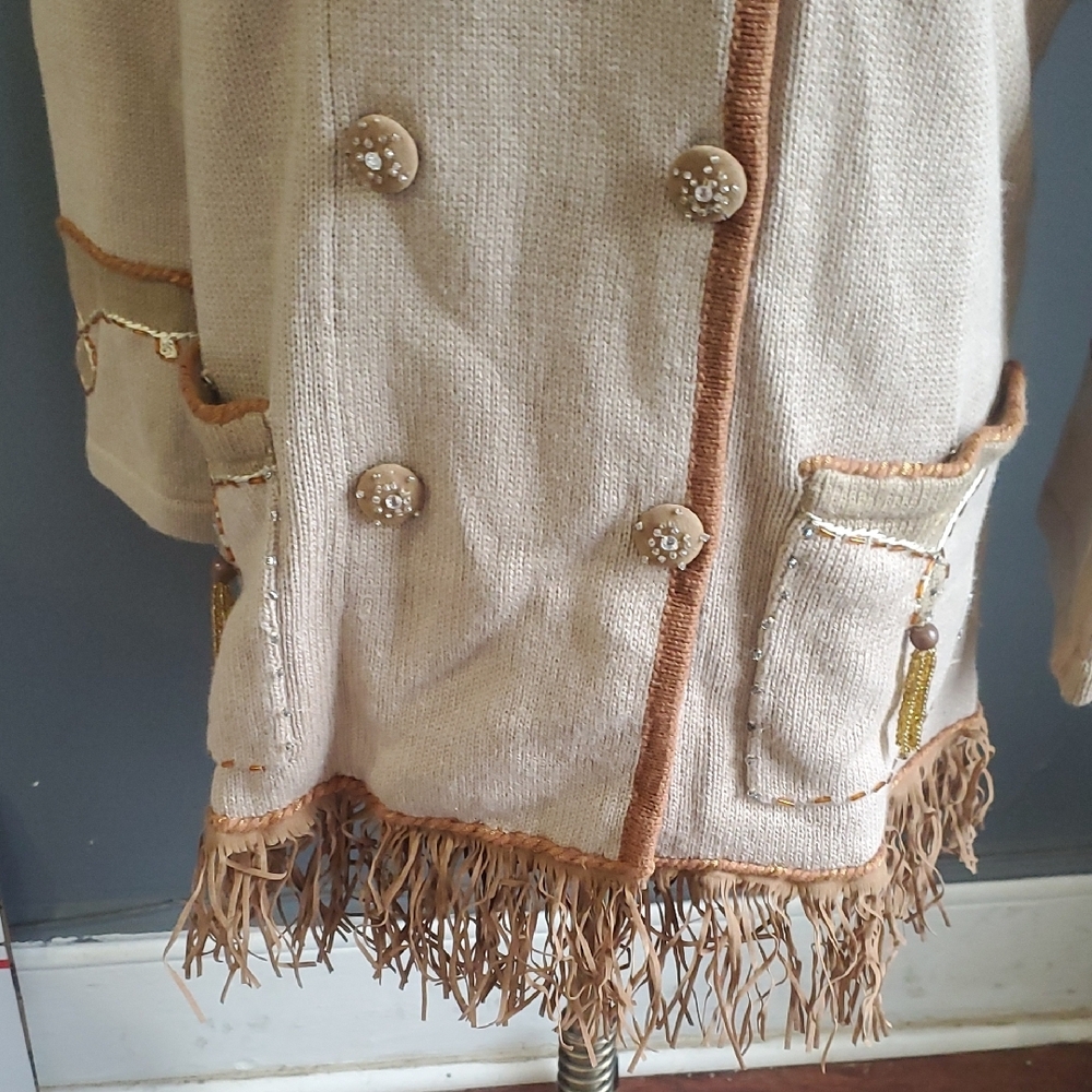 Vtg storybook  knits  Double-Breasted Jacket sweater with Fringe - Picture 4 of 16